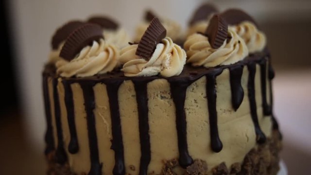 Smooth shot of a creamy peanut butter cake with frosting all over it.