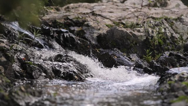 Tilt speed ramp shoot of a waterfall of a river inside the seven brothers forest. Sette fratelli. Cagliari, Sardina, Italy