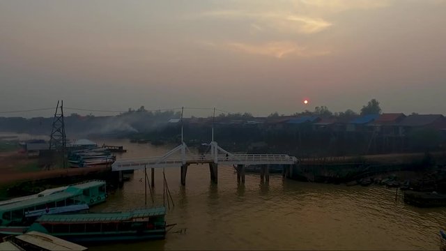 Aerial view of a fishermen village on the Kampong Kleang  during sunset.