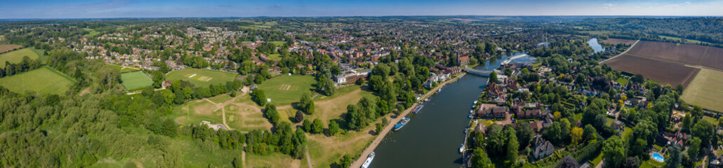 Aerial panoramic view of the beautiful town of Marlow, situated on the river Thames in Buckinghamshire, UK