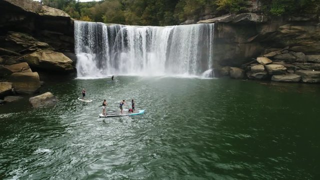 Group of paddle boarders near Cumberland Falls, aerial