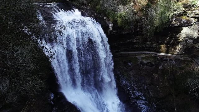 Panning aerial, Dry Falls in Nantahala National Forest