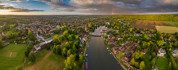 Dramatic aerial panoramic view of the beautiful town of Marlow in Buckinghamshire UK, captured...