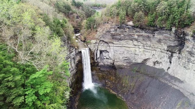 Pan left aerial, Taughannock Falls in canyon
