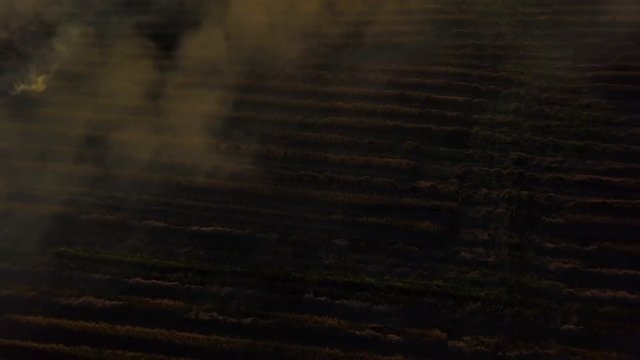 Aerial view. The morning sunrises with dusty smoke from dry grass is burning on the field. Burning old chaff on the farmland.