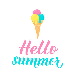 Hello summer calligraphy lettering with colorful ice cream. Inspirational seasonal quote typography poster. Hand written logo design. Easy to edit vector template for banner, flyer, sticker. 