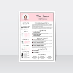 Resume template for women. Modern CV layout with infographic. Minimalistic  professional curriculum vitae design. Employment vector illustration.