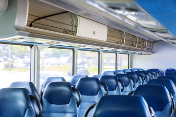 Empty bus interior, no people transport, tourism, travel, road trip is ready for passengers