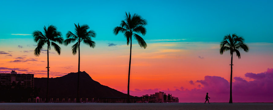 Fototapeta Tropical Paradie Art Sunrise na Waikiki na Hawajach