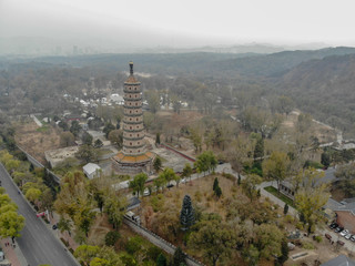 Fototapeta premium Aerial view of tower pavilion inside the Imperial Summer Palace of The Mountain Resort in Chengde. China. Chinese ancient building. UNESCO World Heritage. Ancient Chinese architecture.