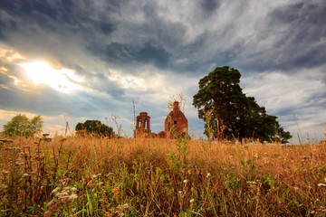 Abandoned church in Russia at sunset