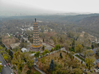 Aerial view of tower pavilion inside the Imperial Summer Palace of The Mountain Resort in Chengde. China. Chinese ancient building. UNESCO World Heritage. Ancient Chinese architecture.