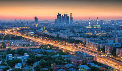 Panorama of Moscow at sunset taken from the roof of the building