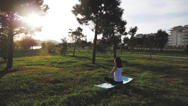 Young attractive girl doing exercises, laying and stretching on a yoga mat in park. Healthy active concept.