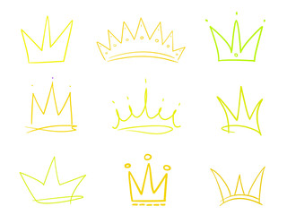 Set of crowns on white. Signs for design. Hand drawn simple objects. Line art. Colorful illustration. Sketchy elements for posters and flyers