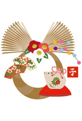 正月飾り。日本のお正月の壁飾り。正月のデザイン素材。令和2年。 正月の輪飾り。干支の正月飾り。熨斗。ねずみ年の正月飾り。
