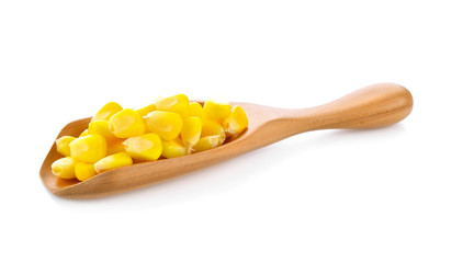 sweet corn seeds in wood scoop on white background