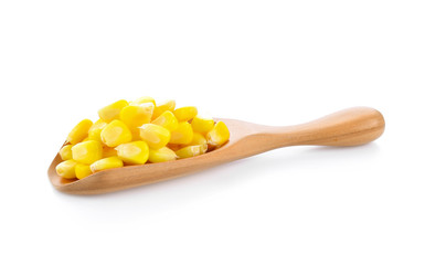 sweet corn seeds in wood scoop on white background