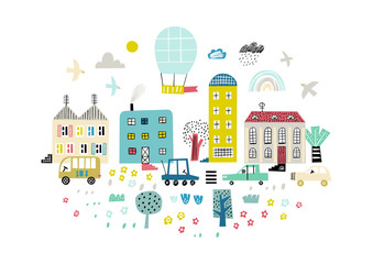 Cartoon city background. Childish vector illustration with skyscraper, buildings and cars. Design for poster, card, bag and t-shirt, cover. Baby style.