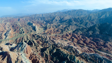 Colorful mountains, rainbow mountains, Aerial view, Zhangye National Geopark, Gansu Province, China
