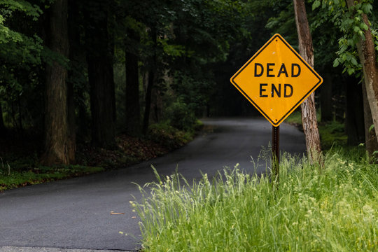 Yellow "DEAD END" sign next to dark winding road in the middle of nowhere