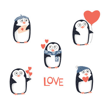 Stickers funny penguins in love. Declaration of love. Valentine's Day