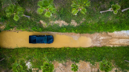 Aerial view  off-road car vehicle, car 4 wheel drives off-road.