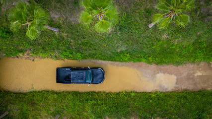 Aerial view  off-road car vehicle, car 4 wheel drives off-road.