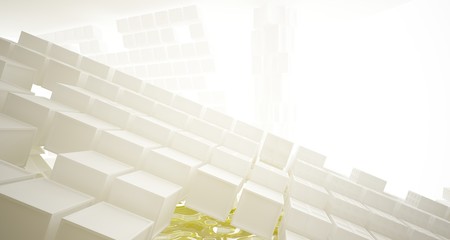 Abstract white and yellow water parametric interior with window. 3D illustration and rendering.