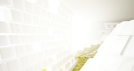 Abstract white and yellow water parametric interior with window. 3D illustration and rendering.