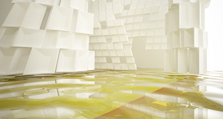 Abstract white and yellow water parametric interior with window. 3D illustration and rendering.