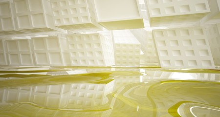 Abstract white and yellow water parametric interior with window. 3D illustration and rendering.