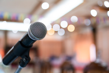 Seminar Conference Concept : Microphones for speech or speaking in seminar conference hall, prepare for talking lecture to audience university. Business meeting or education teaching iimage