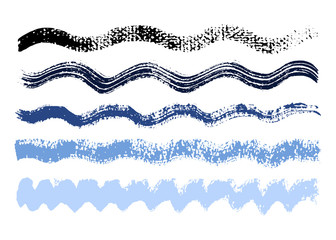 Hand drawn cyan blue waves. Grunge brush strokes vector set.