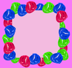 Cute watercolor frame set colorful hand drawn balls isolated round spots on pink background for...