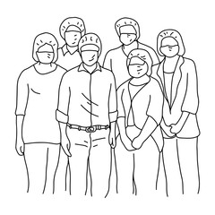 six people wearing facial safety vector illustration sketch doodle hand drawn with black lines isolated on white background