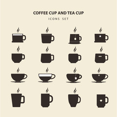 Flat vector design coffee cup and tea cup icons set