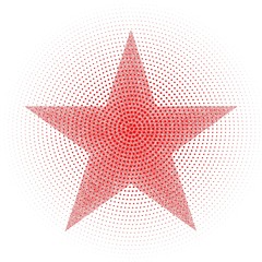 Red star stipple point halftone effect icon. Victory day. Abstract graphic drawing for design. Pink backdrop. Vector illustration, eps10.