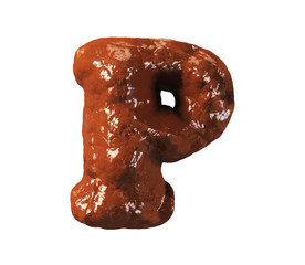 Chocolate Cake Font. Delicious Brownie Typeset. Letter P. 3d rendering isolated on white Background.