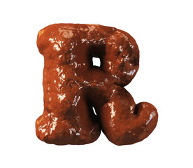 Chocolate Cake Font. Delicious Brownie Typeset. Letter R. 3d rendering isolated on white Background.