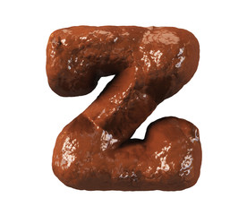 Chocolate Cake Font. Delicious Brownie Typeset. Letter Z. 3d rendering isolated on white Background.