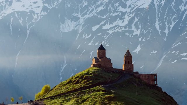 time-lapse in the mountains of Georgia, the church of the Holy Trinity in Gergeti