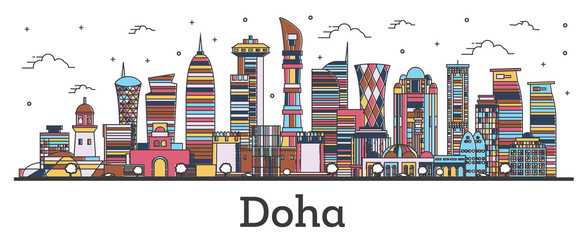 Outline Doha Qatar City Skyline with Color Buildings Isolated on White.