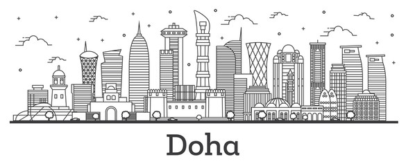 Outline Doha Qatar City Skyline with Modern Buildings Isolated on White.