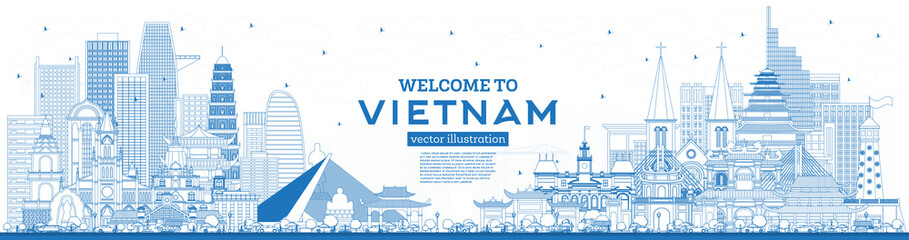 Fototapeta premium Outline Welcome to Vietnam Skyline with Blue Buildings.