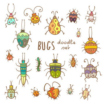 Cartoon bugs set. Different species of beetles.  Funny insects collection. Doodle style. Vector contour coloring image.