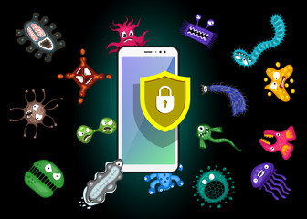 Mobile protection. Smartphone with security shield and infection computer virus attack. Spam data, fraud internet error message, insecure connection, online scam concept. Vector black illustration