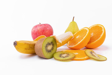Bright fresh various fruits, beautiful composition, isolated on white background.