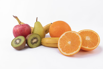 Bright fresh various fruits, beautiful composition, isolated on white background.