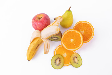 top view of tropical fruits. Orange and kiwi in slices. white background
